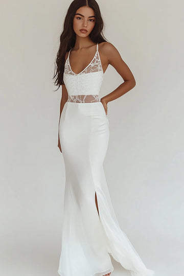 White Lace Mermaid Maxi Dress with Slit